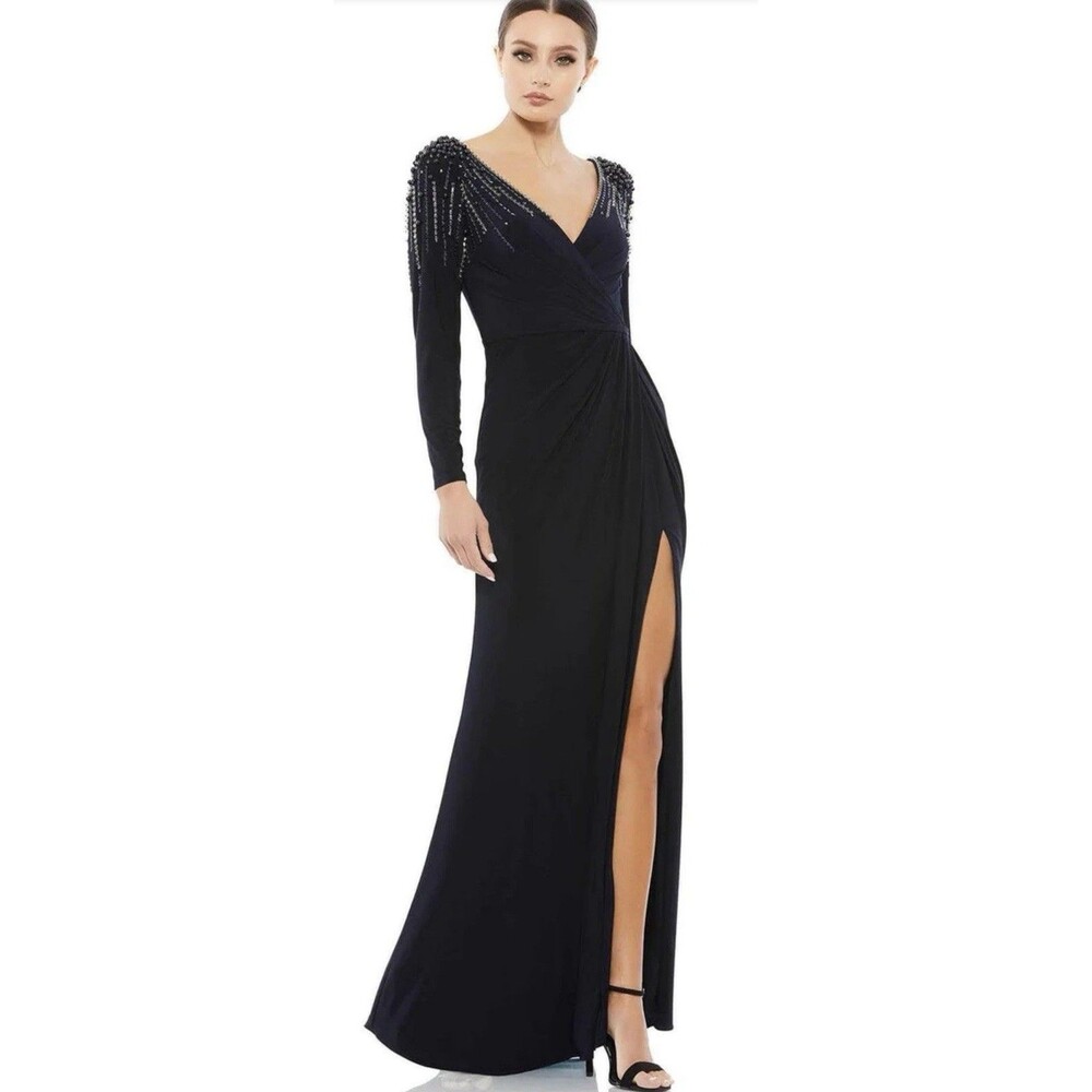Mac Duggal 55715 - Long Sleeved Embellished Shoulders Jersey Dress Size 4 NWOT